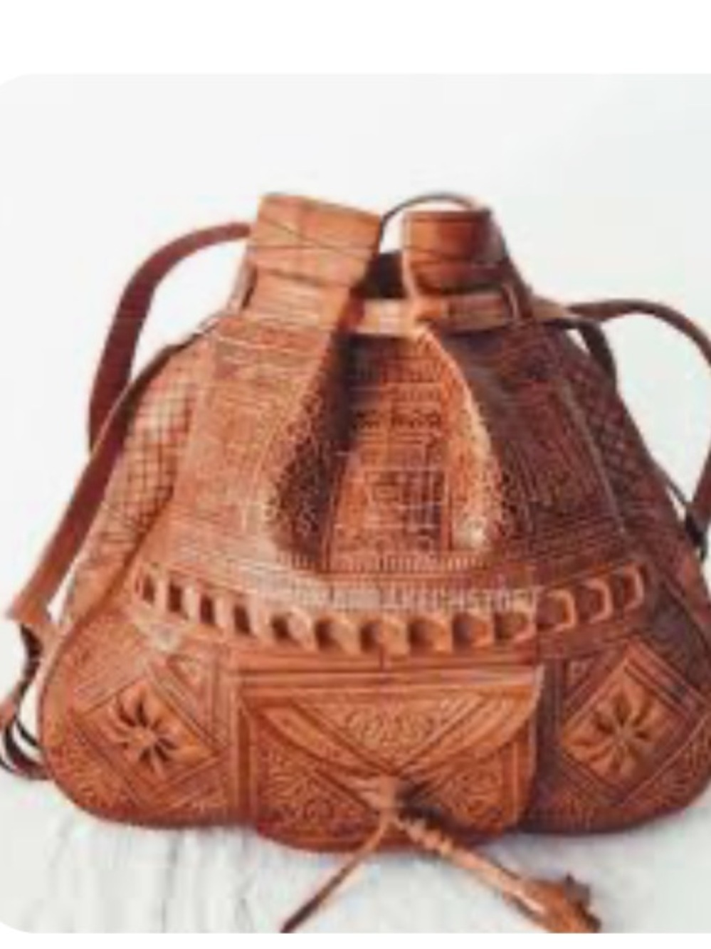 Moroccan Leather Handmade Embossed Boho Hippie Shoulder Bucket Bag - Picture 13 of 14